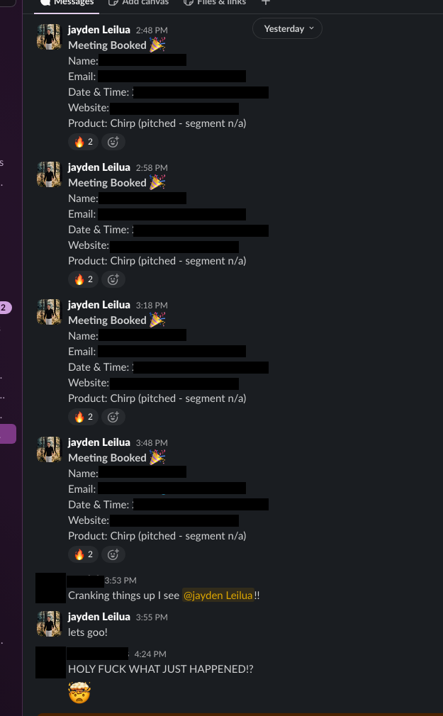 Client Slack channel with four meetings booked in one hour