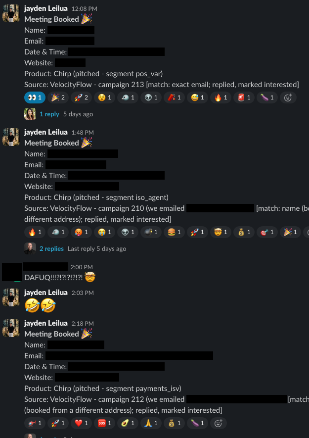 Client Slack channel reacting to booked meetings