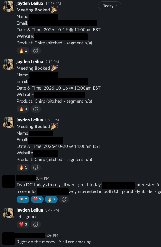 Client Slack channel with three meetings booked and client feedback